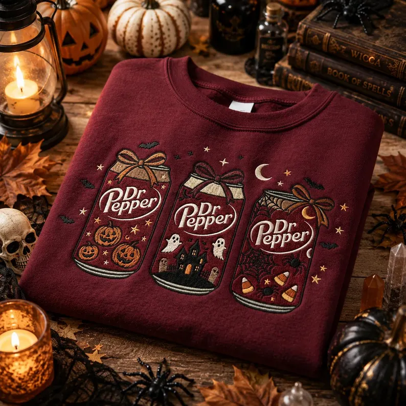 Dr Pepper Halloween Embroidered 2026 Sweatshirt, Vintage Soda Can Crewneck, Cute Pumpkin Ghost Fall Pullover, Cozy Autumn Gift Idea