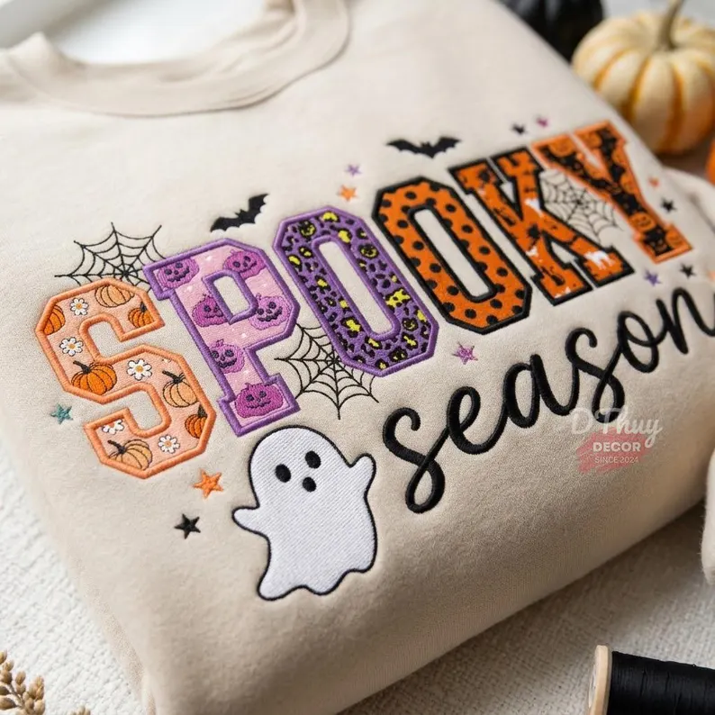 Embroidered Spooky Season Applique Sweatshirt, Spooky Pumpkin Ghost Shirt, Halloween Varsity Crewneck, Halloween Gift