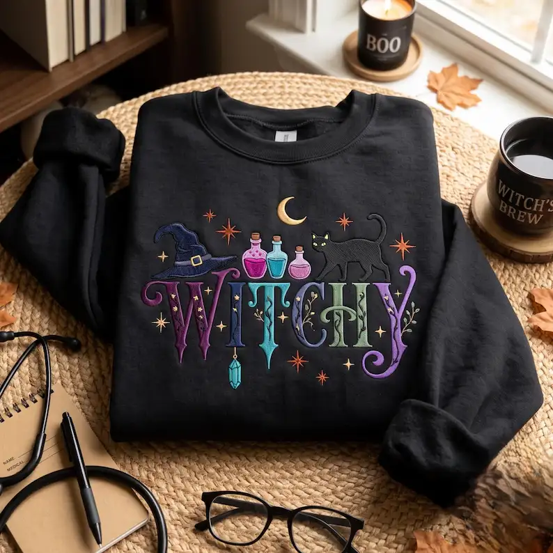 Embroidered Witchy Halloween Sweatshirt, Black Cat Poison And Moon Witch Costume