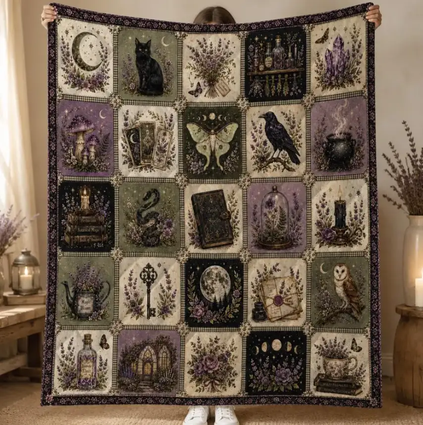 Gothic Witch Patchwork Quilt, Dark Cottagecore Throw, Lavender Moon Raven Bedding Set, Botanical Magic Witchy Gift for Black Cat Lover Boho