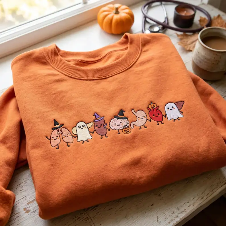 Halloween Anatomy Embroidered Sweatshirt, Medical Halloween Crewneck, Spooky Season Doctor Nurse Sweater