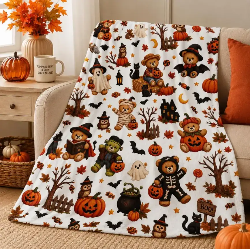 Halloween Teddy Bear Blanket Plush Cozy Fall Velveteen Plush Blanket Pumpkin Ghost Throw Blanket Autumn Decor