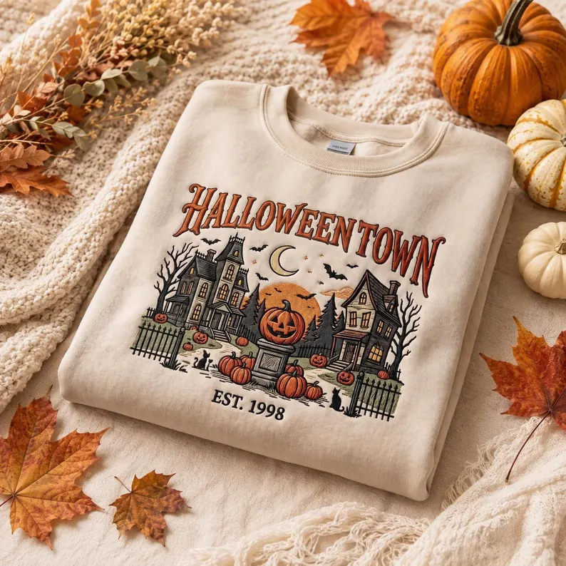 Halloween Town Embroidered Sweatshirt, Vintage Haunted House Crewneck, Spooky Pumpkin Graphic Shirt, Retro Fall Halloween Gift