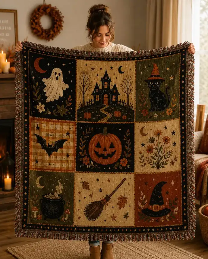 Halloween Woven Blanket, Vintage Spooky Patchwork Throw, Black Cat Ghost Pumpkin Haunted House Fall Decor CRD-AH209