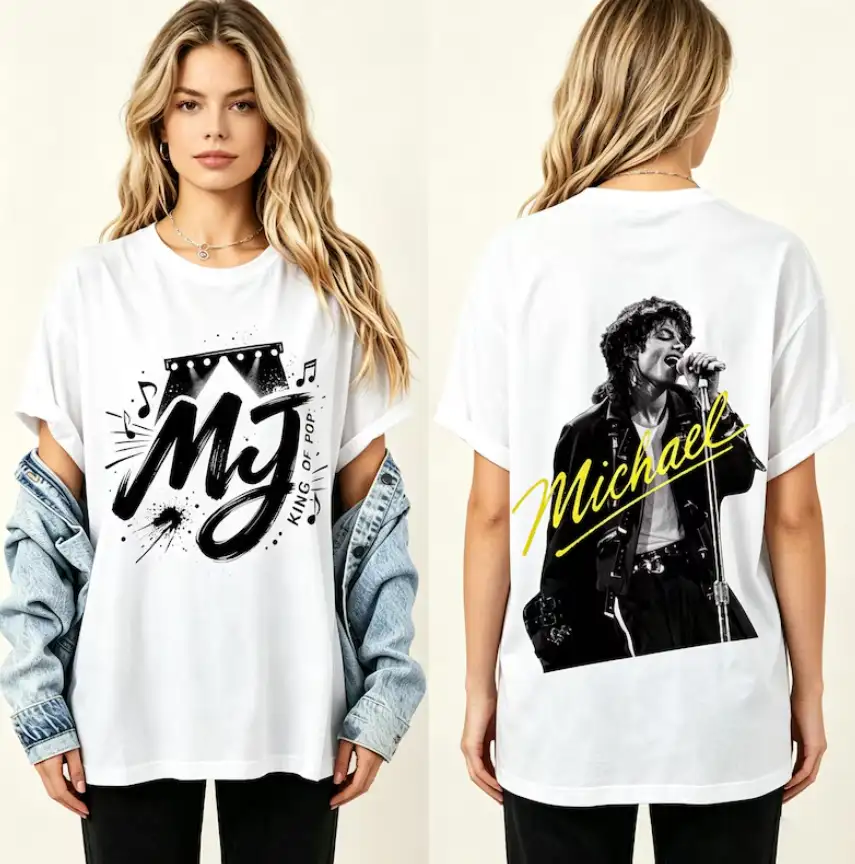 Michael Jackson King of Pop T‑Shirt, Front Back Print MJ Tee, Retro Music Band Shirt, 90s Pop Culture Fan Gift,Oversized Concert Graphic Tee