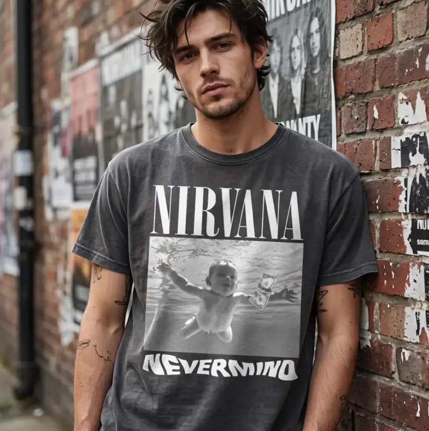 Nirvana Nevermind Album Cover T-Shirt Vintage Grunge Band Tee, Underwater Baby Graphic Shirt Garment-Dyed Tee Rock Music Gift