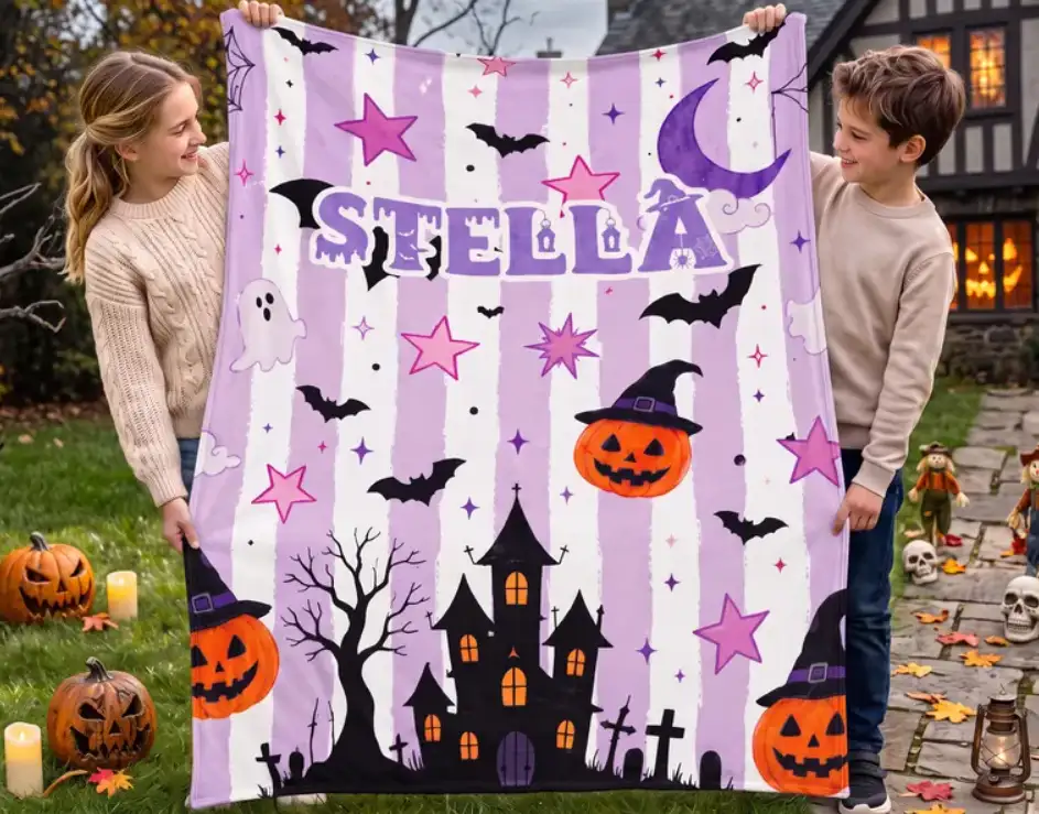 Personalized Halloween Blanket, Custom Name Spooky Ghost Pumpkin Fleece Throw, Cozy Fall Home Decor