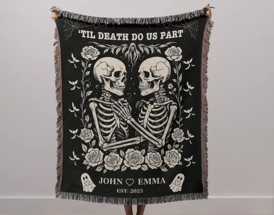 Skeleton Couple Till Death Blanket, Personalized Skeleton Lovers Wedding Blanket, Spooky Goth Couple Halloween Gift, Valentines, Anniversary